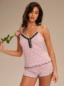 Enchnt Women's Polka Dot Lace Camisole And Shorts Pajama Set - Baby Pink - View 1