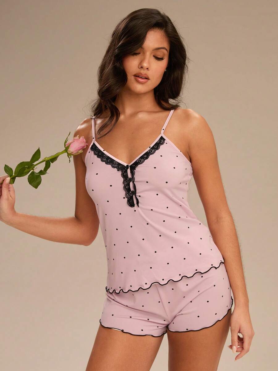 Enchnt Women's Polka Dot Lace Camisole And Shorts Pajama Set - Baby Pink - View 1