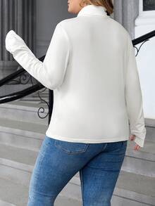 SHEIN CURVE+ 大码女式高领带拇指孔修身基础款T恤，适合春秋季穿着。大码基础款上衣/秋冬款 - 白色 - 查看 2