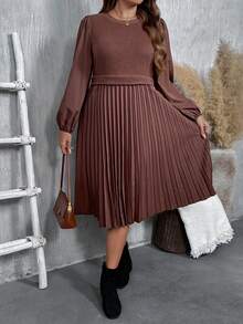 EMERY ROSE Váy thường ngày bằng vải voan và dệt kim gân màu nâu cỡ lớn dành cho nữ, mùa xuân/thu - màu nâu - Xem 6