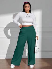 EURMUSE Plus Size Casual Solid Color Elastic Waist Straight Leg Pants, Autumn - Dark Green - View 4