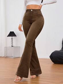 SHEIN Tall 女款高腰口袋休閒百搭喇叭褲牛仔褲，秋季，女款秋季服飾，女款冬季服飾，高個子女性 - 咖啡棕 - 查看 6