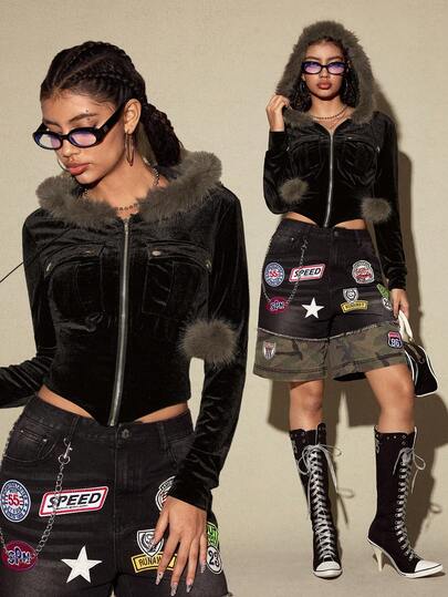 Grunge Punk Y2K Subculture Vintage Fitted Velvet Collar Cardigan For Women