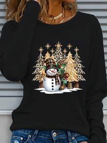 EMERY ROSE Christmas Cute Snowman & Christmas Tree Graphic Round Neck Short Sleeve Fashionable Plus Size T-Shirt - Black - View 1