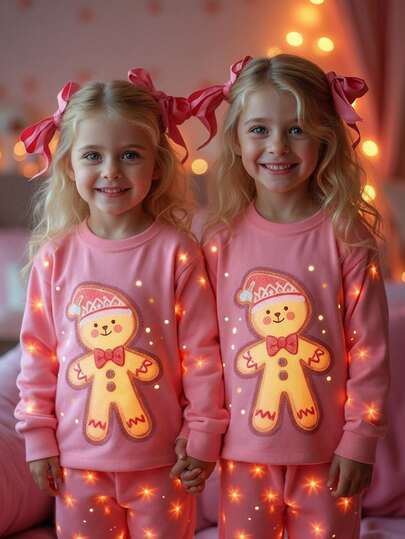 2件套女童可爱休闲日常圣诞姜饼人卡通印花针织圆领长袖上衣和打底裤睡衣套装