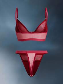 EmpressEnvy Conjunto de lencería para mujer con encaje empalmado, sujetador y ropa interior - Burdeos - Ver 2