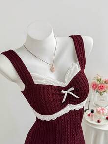 Comfortcana Lace Patchwork Wine Red Bow A-Line Mini Dress For Women New Year's Outfit For Women Maroon Dress