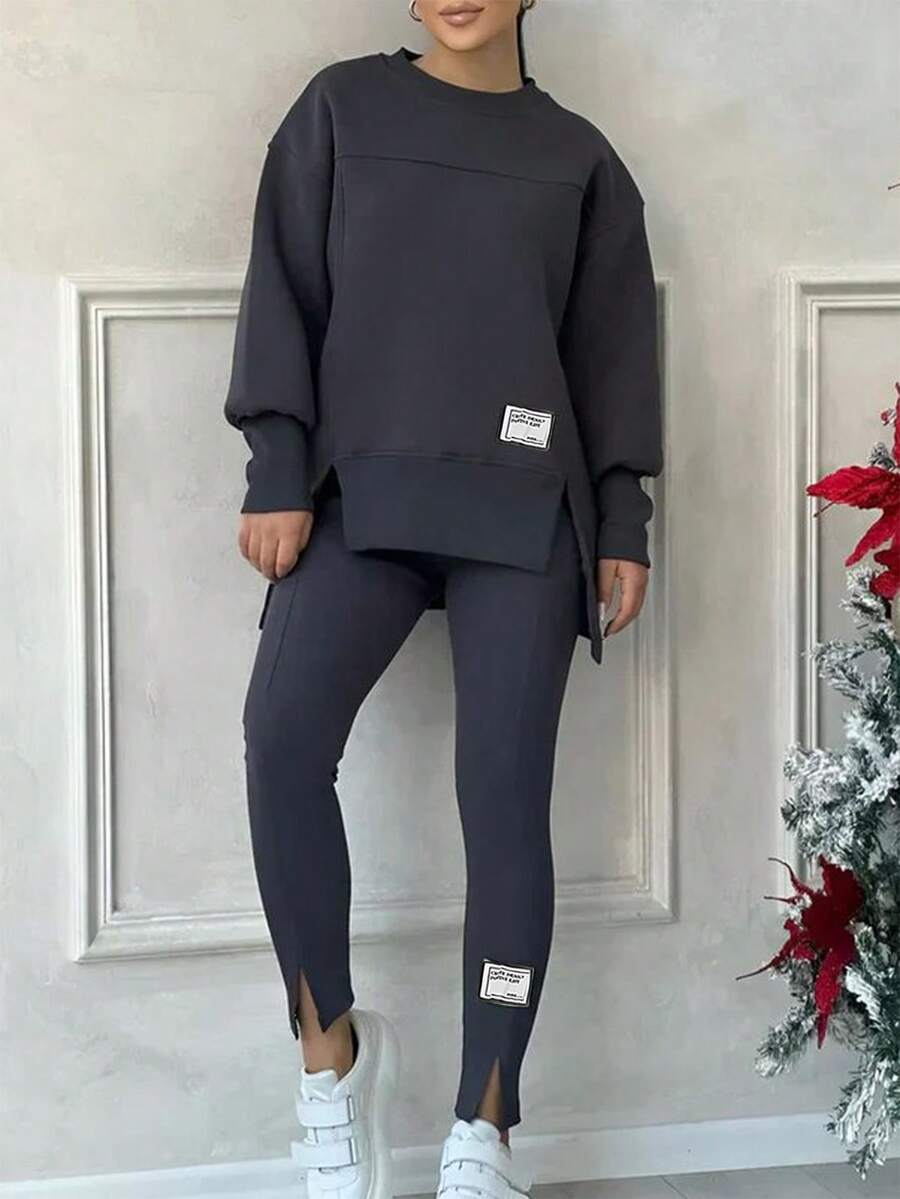 SHEIN Bộ áo nỉ dài tay cổ tròn thoải mái, tối giản, rộng rãi, thiết kế đường may và quần bó cho bé gái tuổi teen - Màu Xám nhạt - Xem 1