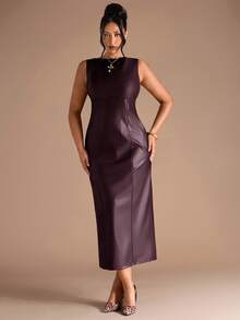 SHEIN BAE Women Sleeveless PU Leather Bodycon Dress/Christmas Dress - Burgundy - View 3