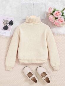 SHEIN Emery Rose Kids 女童纯色麻花针织高领毛衣，秋冬季，高领长袖针织毛衣，女童休闲不对称下摆套头衫，柔软保暖，适合冬季穿着，可爱复古，适合圣诞节，非常适合秋冬季休闲日常穿着和上学穿着，温暖舒适的长袖，非常适合休闲日常穿着和上学穿着，适合家庭度假穿着。 - 米色 - 查看 2