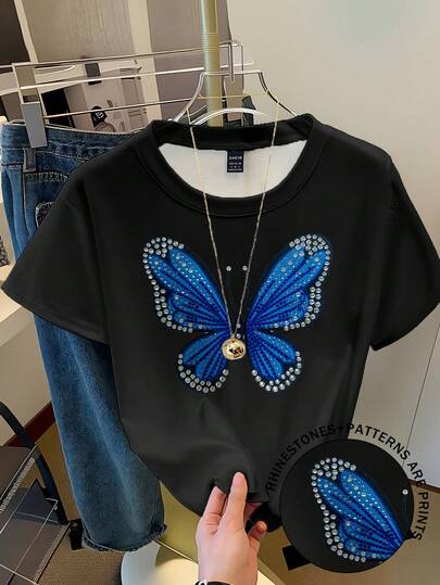 SHEIN Women's Casual Rhinestone Butterfly Round Neck Short Sleeve T-Shirt, Summer