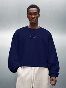 PLAYBOY X SUMWON Cropped Raw Edge Long Sleeve Sweatshirt With Large Bunny Logo Back Print And Front Text Detail - Navy Blue - View 5