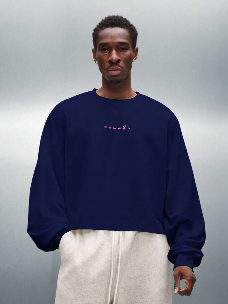 PLAYBOY X SUMWON Cropped Raw Edge Long Sleeve Sweatshirt With Large Bunny Logo Back Print And Front Text Detail