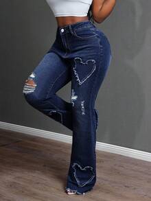 Slaydiva Plus Size Women Cowgirl Style Blue Stretch Heart Embroidered Distressed Flare Jeans, Spring - Dark Wash - View 7