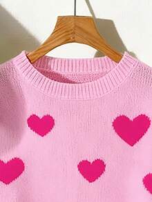 Franclia Heart Design Dropped Shoulder Casual Sweater, Autumn-Winter Knit Pullover Fall Outfit - Pink - View 3