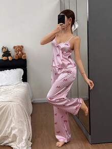 Dream Adore Women Pink Satin Striped Bow Print Sleeveless Spaghetti Strap Long Pajama Set Babydoll Pajama Set Lingerie Pajamas Set Pajama Set Women Women Summer Sets - Pink - View 5