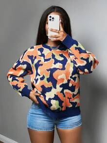 Slaydiva Women's Autumn Navy Blue Casual Streetwear Pullover Sweater,Crew Neck Color Block Fuzzy Knit Long Sleeve Dropped Shoulder Y2k Top For Any Occasion - Multicolor - View 1