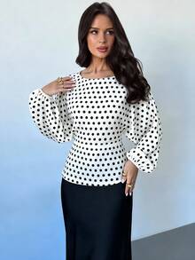 Firerie 女士新款优雅浪漫休闲都市通勤时尚百搭咖啡棕色圆领蝙蝠袖长袖系带X型修身衬衫，适合教师、秋季和春季穿着。 - 黑與白 - 查看 3