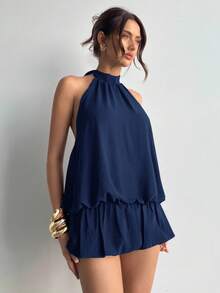 Aloruh Women's Solid Color Halter Backless Fashionable Versatile Bubble Hem Dress