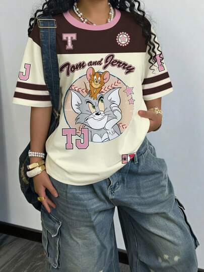 TOM & JERRY X SHEIN Plus Size Colorblock Cartoon Graphic Round Neck Short Sleeve T-Shirt, Summer
