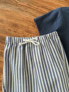 男婴可爱休闲针织拼接短袖T恤和条纹松紧腰短裤套装 - 藍色 - 查看 6