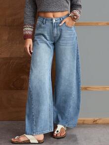 EMERY ROSE Women's Casual Washed Low Waist Wide Leg Jeans - Blue - View 4