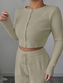 Modelyn Conjunto de 2 piezas de suéter de manga larga y pantalones de unicolor elegante para mujer - Camel - Ver 3
