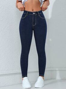 SHEIN ICON Women's Pocket Button Slim Fit Everyday Casual Jeans - Royal Blue - View 6