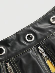 ROMWE Academia Punk Campus Style PU Plaid Patchwork Metal Zipper Low Waist Women Mini Skirt