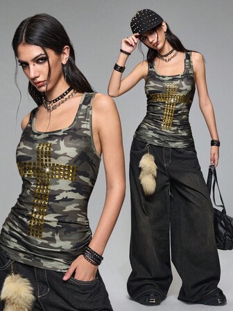 Grunge Punk Y2K Punk Camouflage Gold Kreuz Nieten Figurbetontes Trägertop für Frauen
