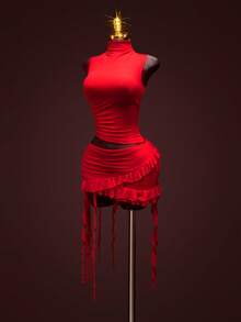 SHEIN ICON 两件套女士婚礼生日派对度假情人节黑色纯色高领无袖上衣和褶皱荷叶边半裙性感两件套 - 紅色 - 查看 5