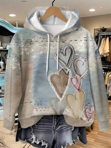 Glissea 浪漫海盐心形印花，复古做旧立体感印花连帽女式卫衣，适合秋冬季，时尚卫衣，漂亮卫衣，兄弟姐妹礼物，姐妹礼物，趣味卫衣，休闲简约时尚卫衣 - 彩色 - 查看 3