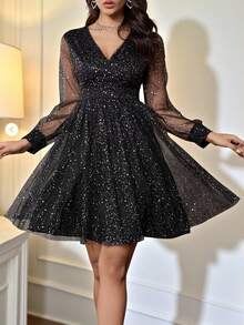 SHEIN Belle 女士闪光花卉印花 V 领网眼长袖奢华晚礼服（华丽装饰）、优雅半正式舞会礼服、生日、婚礼宾客、毕业返校派对礼服 - 黑色 - 查看 9