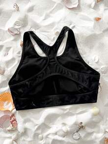 Swim SPRTY 女士夏季沙滩运动风泳衣上装，前拉链，后背交叉设计，黑色泳衣上装 - 黑色 - 查看 7