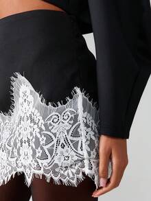 MISSGUIDED Mini Skirt With Eyelash Lace Hem Detail High Waisted Bodycon Style Perfect For Fall Winter Party Events Special Occasions - Black and White - View 3