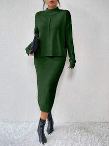 RosyDaze Bộ 2 chiếc váy dệt kim dáng rộng cổ đứng vai trễ thường ngày tay dài - Màu xanh lá cây đậm - Xem 5