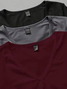 SHEIN EZwear 3件套女士深V领修身休闲长袖T恤套装，适合秋冬季穿着 - 彩色 - 查看 4