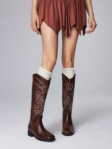 ROMWE Fairycore Women's Vintage Western Style Embroidered Knee-High Boots Valentine's Day - Coffee Brown - View 2