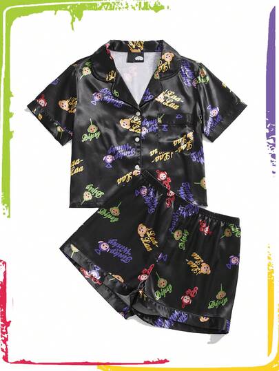 Teletubbies X ROMWE Women's Cute Cartoon Print Short Sleeve Top And Shorts Pajama Set, Summer