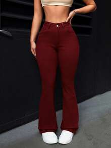 SHEIN PETITE Quần jeans ống loe cạp cao, dáng thường ngày, đa năng dành cho nữ - Màu Đỏ Sâu - Xem 3