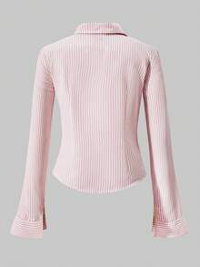 SHEIN Tween Girls' Printed Fitted Button-Down Long Sleeve Casual Shirt, Fall Tops - Pink - View 7