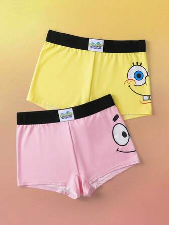 SpongeBob SquarePants | SHEIN 女士舒适柔软透气卡通图案平角短裤