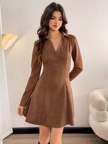 SHEIN Tall Vestido con falda línea A y cuello, tela de ante, estilo casual relajado elegante de oficina para mujer, vestido marrón café elegante para mujer, mujer alta - Marrón - Ver 3