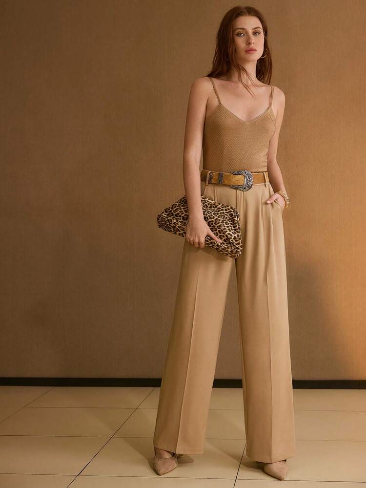 KHAKI LOOSE FIT BUCKLE BELTED SUIT PANTS