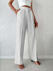 EURMUSE Solid Zipper Fly Straight Leg Pants - Beige - View 4
