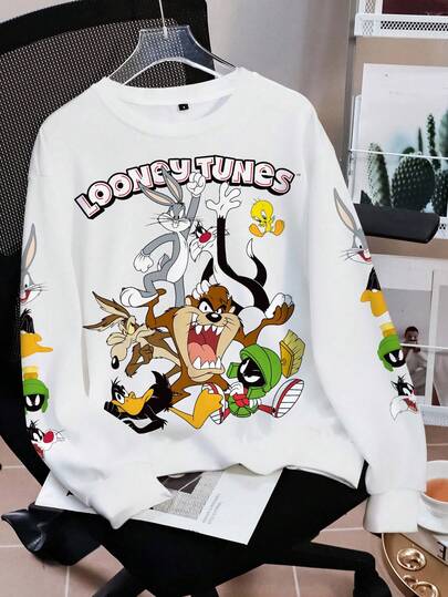 LOONEY TUNES X SHEIN Men Fall Casual Cartoon & Letter Graphic Round Neck Sweatshirt