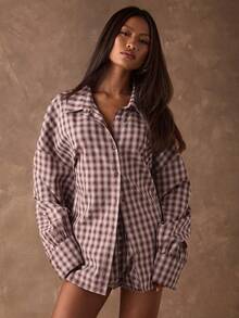 SHEIN BAE 女士休闲宽松落肩格纹衬衫，适合日常、工作、上学、春秋季、商务休闲、复古风格、长袖上衣、新款女式衬衫、时尚女式衬衫、冬季女装、圣诞节女装、新年格纹衬衫 - 酒紅色 - 查看 6