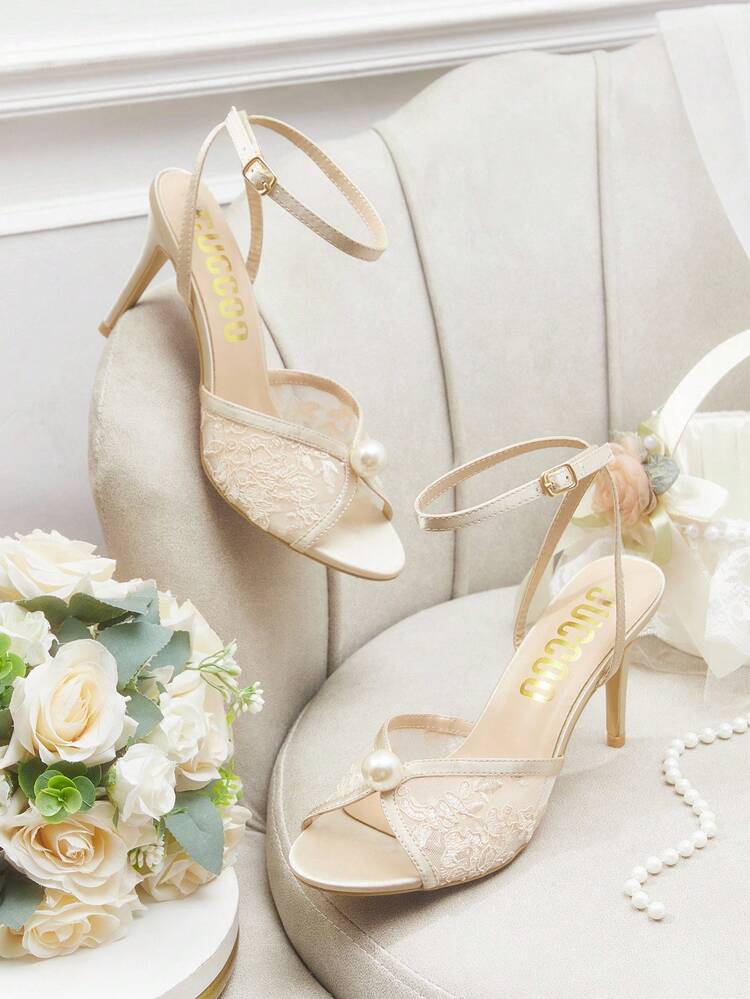 CUCCOO HITCHD Apricot Pointed Toe Stiletto Heel Lace Mesh Faux Pearl Elegant Wedding Party Women's High Heel Sandals For Christmas Elegant Shoes Wedding Shoes Summer Shoes Bride Shoes