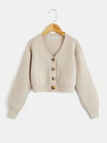 SHEIN Tween Girls用的肋間針織針織開襟衫 - 卡其色 - 查看 1