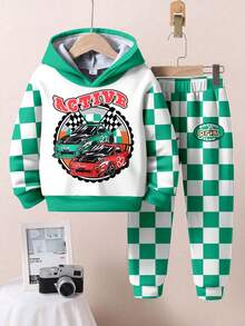 SHEIN Bộ 2 áo hoodie dài tay thoải mái, rộng rãi, thường ngày cho bé trai, họa tiết cờ ca rô cổ điển và hình xe đua, phù hợp cho mùa thu/đông - Nhiều màu - Xem 2
